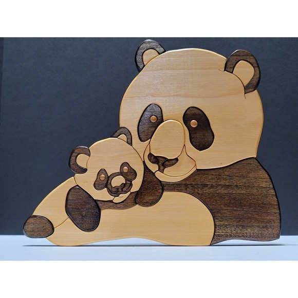 Intarsia Wood Panda Bear and Panda Cub Wall Art Decor